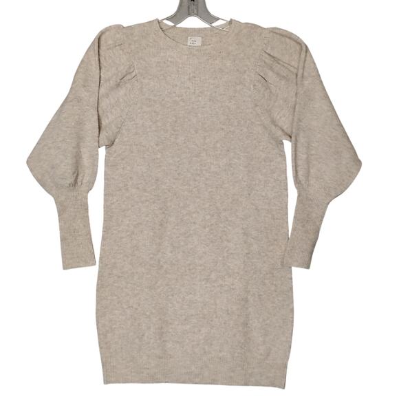 A New Day Fine Knit Sweater Dress Size XS Beige Puffy Long Sleeves Ribbed Cuffs - Picture 2 of 7